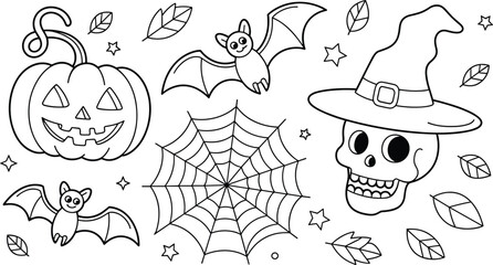 Halloween spooky vector illustration with pumpkin, bats, spider web, skull wearing witch hat, stars and leaves, coloring page, festive, scary, holiday decorations