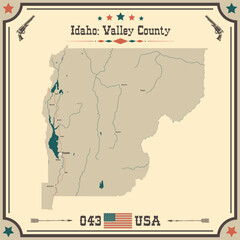 Large and accurate map of Valley County, Idaho, USA with vintage colors.