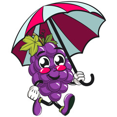 cute grape fruit mascot character vector illustration walking with an umbrella, work of hand drawn