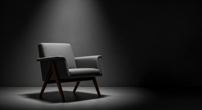 A stylish grey armchair is dramatically spotlit against a dark, minimalist background, creating a mood of solitude and elegance. Perfect for interior design, contemplation, or a sophisticated setting.