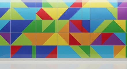 Vibrant geometric tile pattern on a wall with a reflective white surface below. Bright, colorful abstract background perfect for modern design or creative projects.