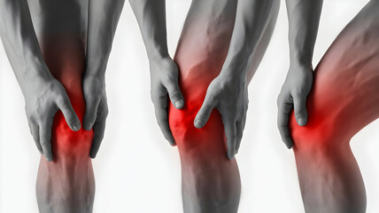 Three people holding their knees with red pain highlighted, isolated on white background