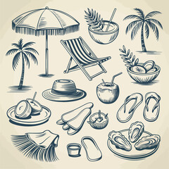 Vintage sketch of beach and tropical vacation elements on textured background Keywords: beach