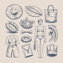 Vintage sketch of beach attire and food items Keywords: vintage, sketch, drawing, beach, fashion