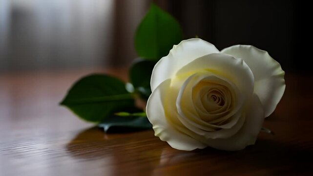 Close-up of a single, creamy white rose with green leaves on a wood surface