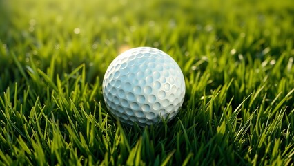 Hyper realistic 3D render of golf ball on lush green grass, detailed texture with sunlight reflection, cinematic sports concept.