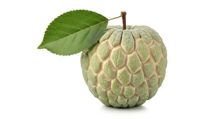 Obraz premium Fresh sugar apple (custard apple) with a vibrant green leaf and stem, isolated on a pristine white background. This tropical fruit showcases its unique segmented skin texture, perfect for healthy e...