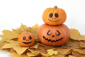 Cute Spooky Orange Pumpkins Autumn Leaves Halloween Gourd Faces White Background