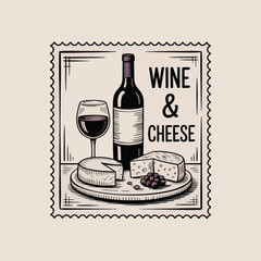 Vintage Style Illustration of Wine Bottle Glass Cheese and Grapes Keywords: wine, cheese, grapes