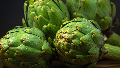 Obraz premium Close-up of fresh artichokes with water droplets arranged on a black background