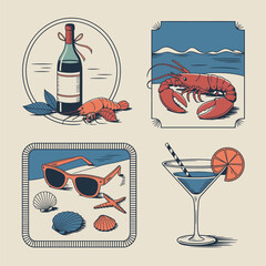 Vintage Style Illustrations of Beach and Seafood Delights Keywords: beach, seafood, wine