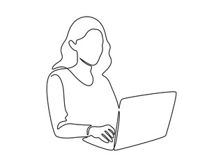 Fototapeta na wymiar Woman with laptop computer in one continuous line drawing. Symbol of businesswoman and female student in simple linear style. Searching concept in Editable stroke. Handwriting vector illustration