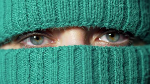 Intense Gaze: Close-Up of Piercing Eyes Peeking Through Teal Knitted Balaclava