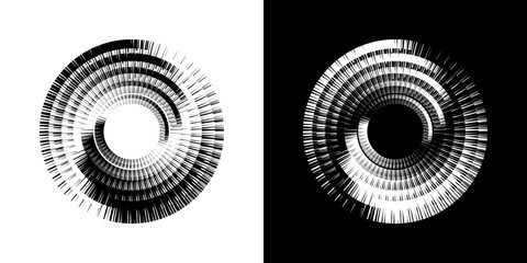 Dynamic abstract spiral sound wave rhythm lines. Circular spiral sound wave rhythm of lines. Circular futuristic abstract lines, black and white background.