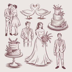 Vintage wedding illustrations of couples, cakes and swans Keywords: wedding, bride, groom