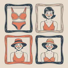 Vintage women portraits and swimsuit in frames on beige background Keywords: vintage, swimsuit