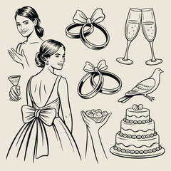 Wedding celebration elements with bride and champagne glasses Keywords: wedding, bride, rings