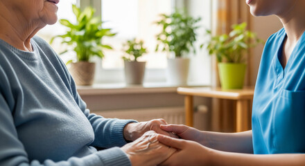A caregiver in blue clothes gently holds the hand of an elderly woman in a nursing home with a natural atmosphere and plants