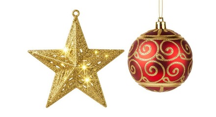 Golden glitter star and red Christmas bauble with gold swirls, isolated on white, perfect for holiday themes and festive decorations.