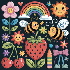 Whimsical children's illustration of bees, rainbow, sun and fruits Keywords: bees, rainbow, sun