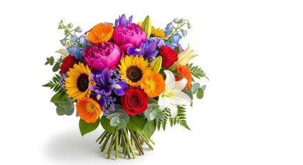 Obraz premium Vibrant and colorful mixed flower bouquet featuring peonies, sunflowers, irises, roses, and lilies, bursting with fresh blooms against a clean white background, perfect for celebrations.