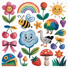 Whimsical children's illustration with rainbow sun cloud goose and flowers drawing