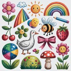 Whimsical collection of cartoon characters and nature elements flower rainbow
