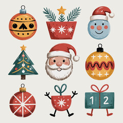Whimsical Christmas ornaments and festive holiday icons in a charming style Keywords: Christmas