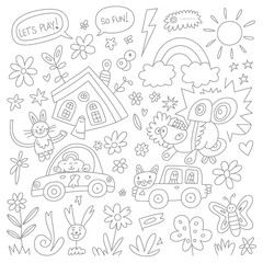 Whimsical Doodle Art Collection With Cute Animals And Nature Elements Keywords: doodle, drawing
