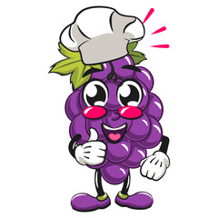 cute grape fruit mascot character vector illustration as chef give thumbs up, work of hand drawn