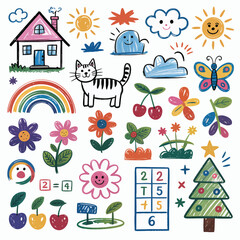 Whimsical Hand Drawn Childrens Drawing Style Elements And Icons Keywords: children, drawing