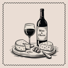 Wine and cheese board with grapes and olives Keywords: wine, cheese, grapes, olives, bottle