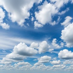 Fototapeta premium A beautiful blue sky filled with a diverse array of white cumulus and wispy cirrus clouds, creating a serene and expansive natural background.