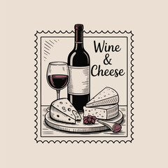 Wine and Cheese Stamp Illustration with Bottle Glass and Cheese Slices Keywords: wine, cheese