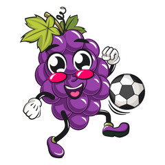 cute grape fruit mascot character vector illustration playing football or soccer, work of hand drawn