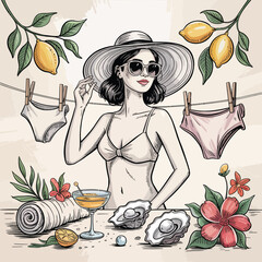 Woman in bikini and hat with laundry and tropical elements sunglasses