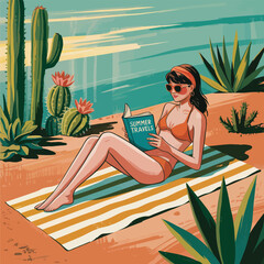 Woman in bikini reading book on beach with cacti and desert plants Keywords: woman, bikini