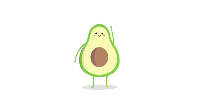 Cute Avocado fruit slice cartoon character waving hand hi on white background