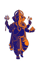 PNG cut out isolated background. A bold, two-color graphic illustration of the Hindu deity Lord Ganesha in a dynamic dancing pose (Nritya Ganapati). 