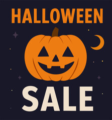 Halloween sale social media post template with pumpkin jack o lantern and moon, flat vector design for seasonal promotion, spooky holiday, and ecommerce marketing