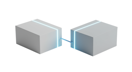 Minimalist white & grey blocks, muted blue line, on transparent studio background, soft high-key light, concept of seamless connection & solutions.