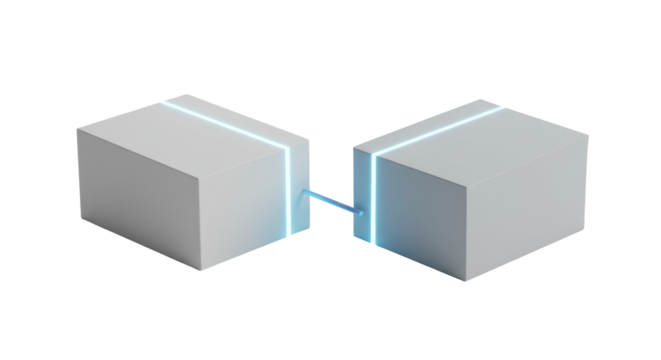 Minimalist white & grey blocks, muted blue line, on transparent studio background, soft high-key light, concept of seamless connection & solutions.