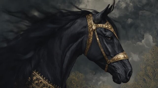 A majestic black horse, adorned with ornate golden bridle and harness, gazes thoughtfully into the distance.