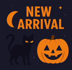 Halloween new arrival social media post template with pumpkin, black cat, and moon, flat vector design for seasonal promotion and spooky holiday marketing