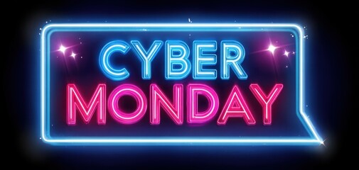 The Cyber Monday neon sign glowing bright with futuristic sparkle and glowing frame