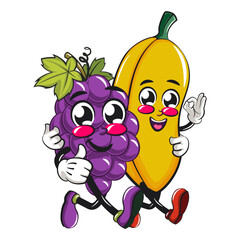 cute grape fruit mascot character vector illustration with a banana character while giving thumbs up, work of hand drawn
