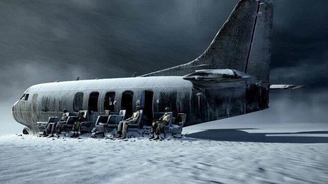 Airplane wreckage covered with snow on frozen land, concept of plane crashes in winter, cold environment and forgotten accident. Old aircraft remains in winter landscape, human remains.