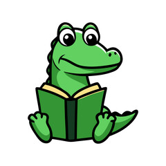 Obraz premium Adorable cartoon crocodile reading book, isolated cutout, transparent background