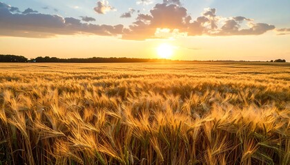 Obraz premium A golden sunset bathes a vast field of ripe grain, casting long shadows and illuminating the horizon's clouds