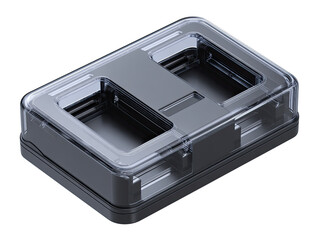 Rectangular, gray, clear plastic enclosure.  Two compartments